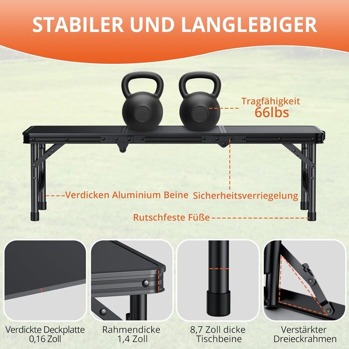 Складаний кемпінговий стіл FUNYKICH 3 фути 87x40x26 см, маленький складний стіл з сумкою для перенесення, портативний складний стіл з алюмінію, багатофункціональний стіл з панелі МДФ для пікніка, кемпінгу, пляжу, балкону, чорний