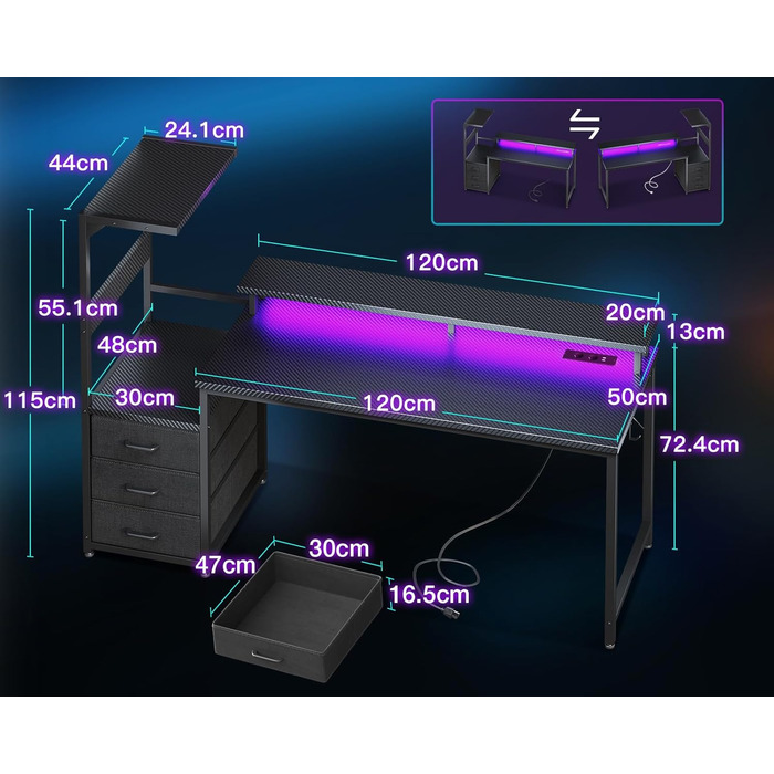 Ігровий стіл Coleshome з шухлядами, 15150 см, ігровий стіл зі світлодіодним освітленням та розеткою, комп&39ютерний стіл з полицями та підставкою для монітора, чорний колір з вуглецевого волокна