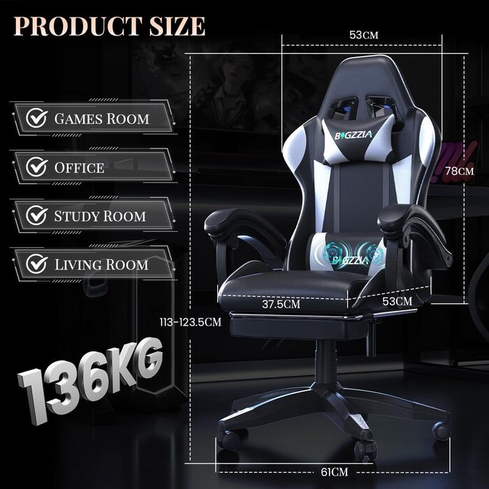 Ігрове крісло bigzzia з функцією масажу та висувною підставкою для ніг, ергономічне поворотне крісло, регульована спинка 90-135, м&39яке ігрове крісло з масажною поперековою подушкою та підголівником, біле