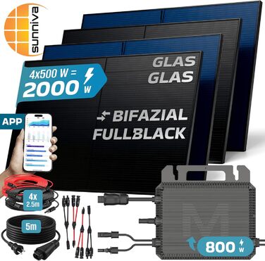 Двофазна балконна електростанція SUNNIVA 2000 Вт, повністю чорна, в комплекті з розеткою, інвертором MARSTEK 800 Вт, фотоелектричною сонячною системою, 4 сонячними модулями зі скла по 500 Вт, включаючи кабель 5 м, Bluetooth WIFI, повний комплект 2000/800 