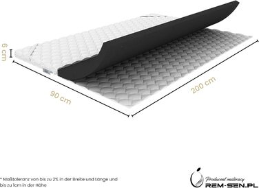 Наматрацник REM-Sen, 90x200 см, висота 6 см, рівень жорсткості 5 (H5). Виготовлений з дуже міцного пінополіуретану з тришаровим мембранним покриттям. Підходить для диванів або будь-якої іншої зони відпочинку. Сертифіковано Oeko-Tex. H5 90 x 200 см