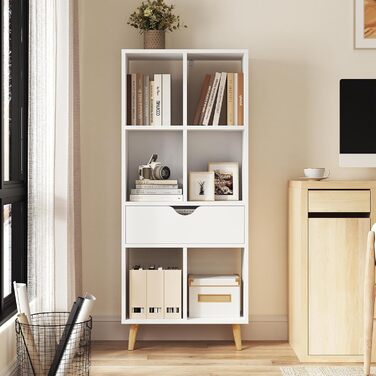 Книжкова полиця EUGAD, книжкова шафа, перегородка для кімнати, полиця для файлів, полиця для зберігання, окремостояча полиця з шухлядою та ніжками, виготовлена з МДФ, 6 полиць, біла, 50x1224 см