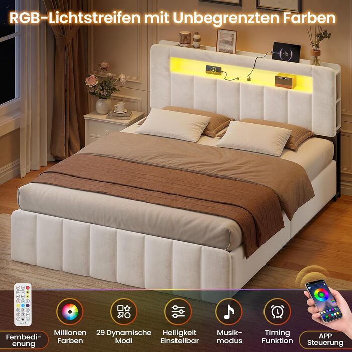 М&39яке ліжко 140x200 з місцем для зберігання, гідравлічне ліжко зі світлодіодним освітленням та зарядною станцією, дитяче ліжко, двоспальне ліжко, каркас ліжка з оксамитовим узголів&39ям - матрац не входить до комплекту (бежевий оксамит, 140x200 см) Беже