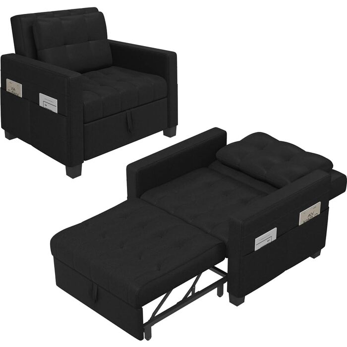 Крісло-ліжко Yaheetech з функцією ліжка 3-в-1, розкладний диван-ліжко, трансформоване крісло-ліжко, регульоване одномісне крісло з бічною кишенею, спальна зона 190 x 71,5 см, для невеликих приміщень, чорний колір