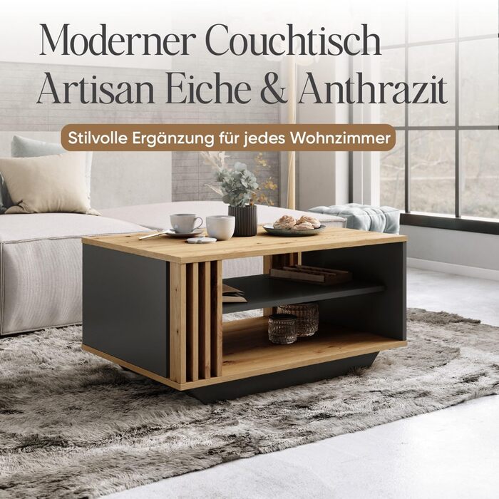 Журнальний столик Viosimc, стіл для вітальні з сучасними ламелями, сучасний та стильний прямокутний журнальний столик з полицею, стильне доповнення до будь-якої вітальні дуб Artisan та антрацит Artisan Anthracite