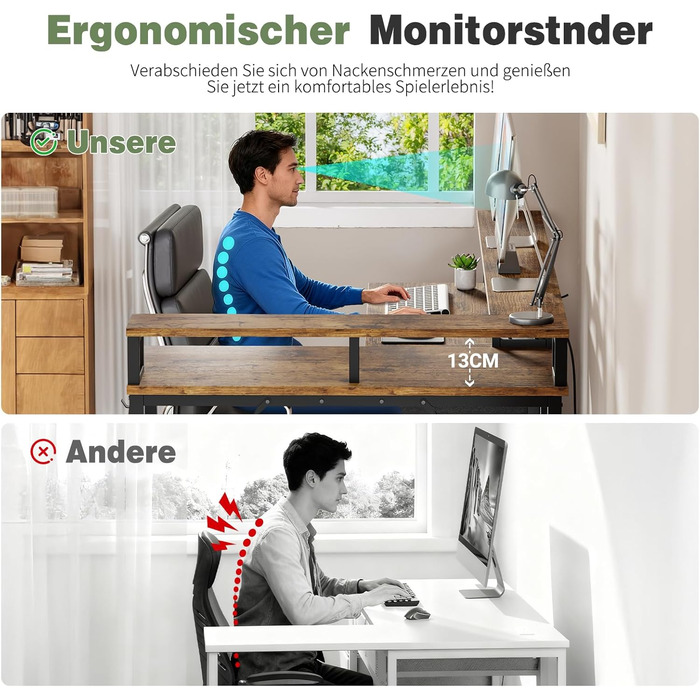 Кутовий письмовий стіл YOUDENOVA з шухлядами, L-подібний, 168x100 см, ігровий стіл зі світлодіодним підсвічуванням, комп&39ютерний стіл з розеткою та портом зарядки USB, офісний стіл, коричневий, 168*100*88,5 см, вінтажний коричневий