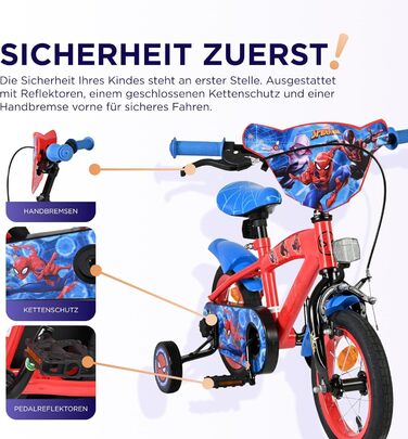 Дитячий велосипед Volare 12, 14, 16 для дівчаток та хлопчиків 36 років Офіційно ліцензований з дизайном персонажа З додатковими колесами, ножним та ручним гальмами, регульоване сидіння та легка збірка Spider-Man 12