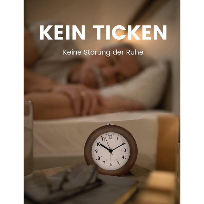 ВищеГодинник будильник аналоговий без цокання, будильник дерев'яний з дрімотою, тумбочка-годинник з нічником, ретро-будильник аналоговий на батарейках (потрібна батарея 1*AA - натуральне дерево світло-коричневого кольору (круглий, коричневий)