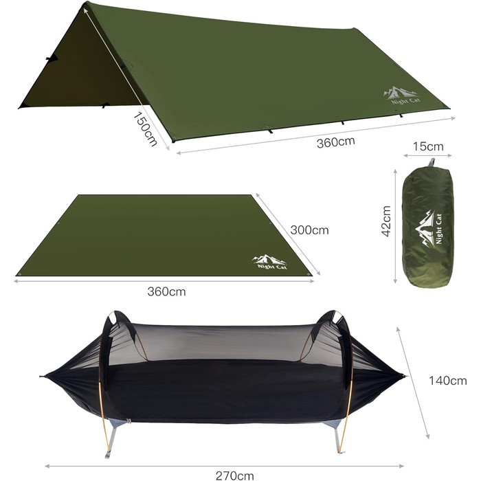Нічний кіт Кемпінговий гамак з москітною сіткою та брезентом Легкий портативний гамак з ременями для подорожей Піші прогулянки Туристичний рюкзак Армія Зелений