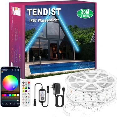 Світлодіодна стрічка TENDIST 30M IP67 RGB зовнішня, світлодіодна стрічка 24 В зовнішня водонепроникна синхронізація з музикою, світлодіодна стрічка водонепроникна самоклеюча для альтанки, зовнішнє освітлення IP67-30M Rgb