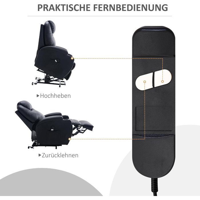 Електричне крісло-реклайнер HOMCOM з підйомником, розкладне крісло з пультом дистанційного керування, підстаканник, бічна кишеня, підставка для ніг, штучна шкіра, чорний колір