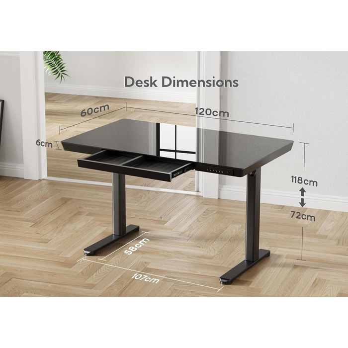 Стіл Claiks Glass з регульованою висотою 120x60, електричний стіл для роботи сидячи/стоячи з міцною скляною стільницею, тихий двигун, для домашнього офісу та офісу, ергономічний дизайн для здорової роботи (чорний) 120 x 60 см, чорний