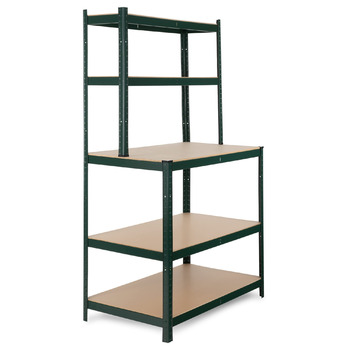 Полиця для робочого столу Stagecaptain WBR-175 SR - Міцна полиця з робочим столом - Полиця для зберігання в майстерні, підвалі, коморі - 5 полиць на 2 глибини - Надзвичайно стійка робоча поверхня висотою 97 см - Зелена