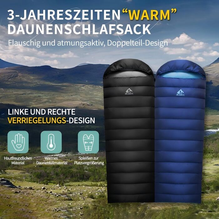 Пуховий спальний мішок на зиму, теплий та легкий зимовий спальний мішок для дорослих та дітей, легкий спальний мішок 680FP, підходить для походів, альпінізму, кемпінгу. Синій 7C