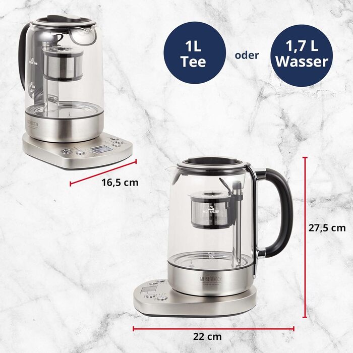 Електричний чайник з налаштуванням температури та автоматичним опусканням вставки ситечка, виготовлений зі скла з функцією збереження тепла, налаштуванням часу заварювання та світлодіодним світлом, адаптованим до сортів чаю, 170 TWE