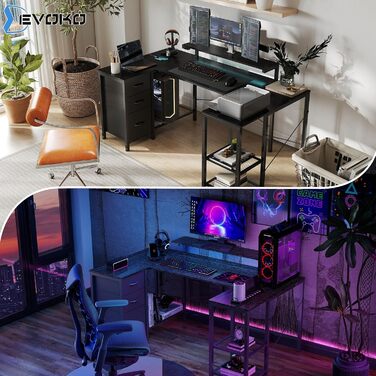 Кутовий ігровий стіл Devoko зі світлодіодним освітленням, місцем для зберігання та 3 шухлядами, 170x95x75 см, стіл з регульованою по висоті полицею, 2 розетками та 2 USB-портами, чорний