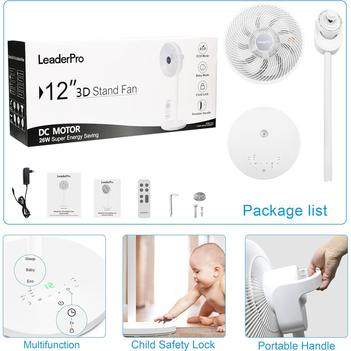 П'єдестальний вентилятор з двигуном постійного струму - вентилятор Тихий 20 дБ 3D коливальний з пультом дистанційного керування/ви