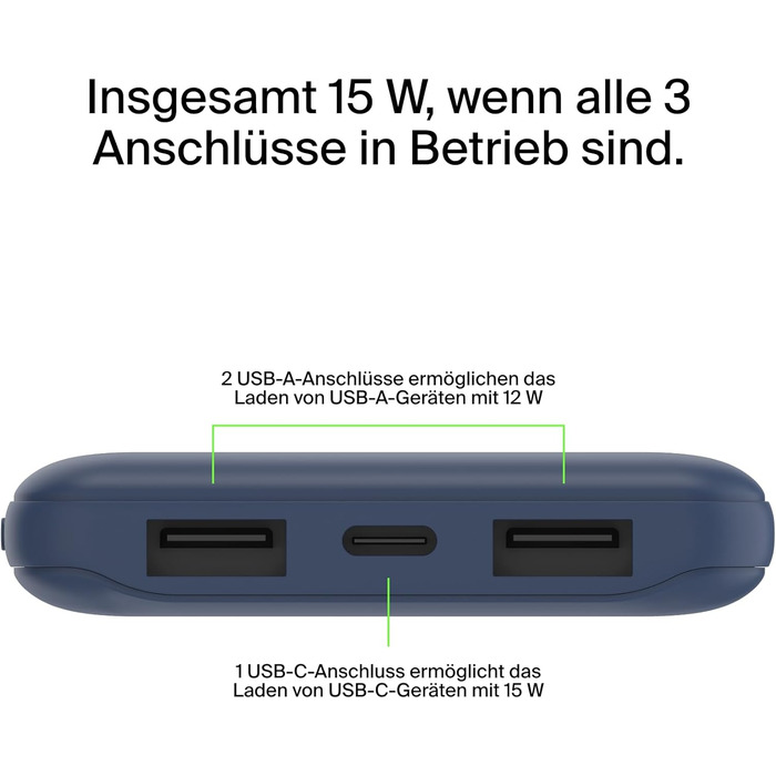 МАг, 1 порт USB-C і 2 порти USB-A для зарядки iPhone, AirPods, iPad, Android або інших пристроїв потужністю до 15 Вт) - синій, 10 000