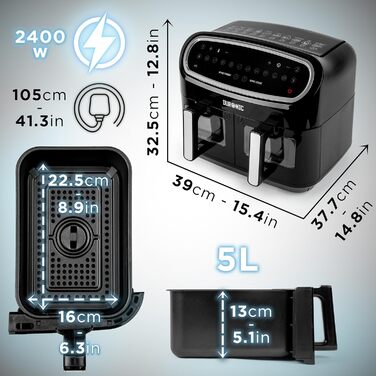 Фритюрниця Duronic AF24 Подвійна фритюрниця об'ємом 9 літрів Готування або закінчення в один і той же час 10 попередньо встановлених програм Сенсорне керування Смаження без олії 2400 Вт