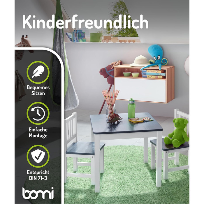 Дитячий дерев&39яний комплект сидіння Bomi Amy Дитячий стіл з 2 стільцями Комплект столу та стільців для дитячої кімнати Ігровий стіл Дитячий стіл для приміщень Дитячий стіл для мистецтва та ремесел Дитячі меблі Біло-сірий Біло-сірий 2 стільці 1 стіл