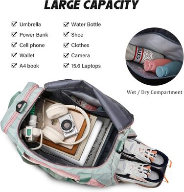 Жіноча спортивна сумка об&39ємом 45 л з відділенням для взуття, відділенням для вологи, водонепроникна сумка для вихідних, дорожня спортивна сумка з рюкзаком, сумка для плавання, сумка для тренувань, пляжна сумка для фітнесу, спорту, подорожей, зелено-рож