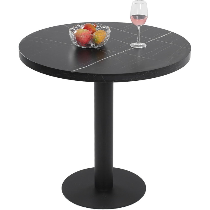 Круглий обідній стіл Mingone, маленький кухонний стіл з мармуровою стільницею та металевими ніжками, 80x80 см, чорний