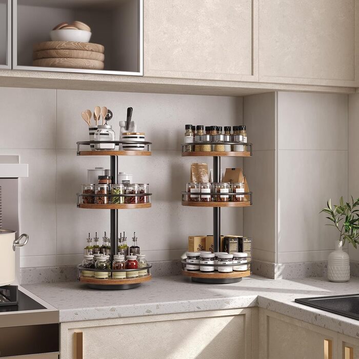 Підставка для спецій HOOBRO, кухонна полиця, 3-рівнева обертова підставка для спецій, кухонний органайзер, тримач для спецій, для кухонної стільниці, туалетного столика, обіднього столу, рустикальний коричневий та чорний EBF09TL01 25 x 25 x 48 см рустикал