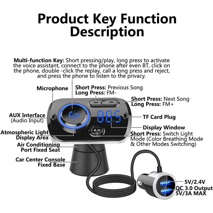 Передавач Bluetooth Riloer для автомобіля, бездротовий автомобільний адаптер mBluetooth 5.0 з подвійним зарядним портом QC3.0 і 5 В/2,4 А, легко прикріплюється до вентиляційного отвору, без рук