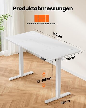 Електрично регульований по висоті стіл 140x70 см, Стіл з регульованою висотою та 4 функціями пам&39яті, Ігровий стіл із чотирисекційною стільницею, Білий 140 x 70 см