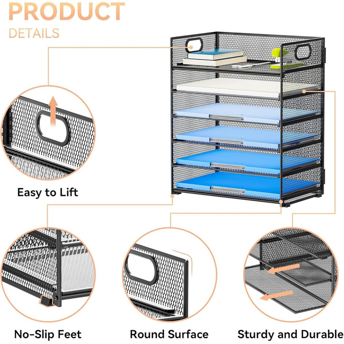 Рівневий органайзер для листів, металевий сітчастий настільний органайзер, сортувальник паперу для листів/папок A4 (чорний) Чорний, 6 рівнів, 6-