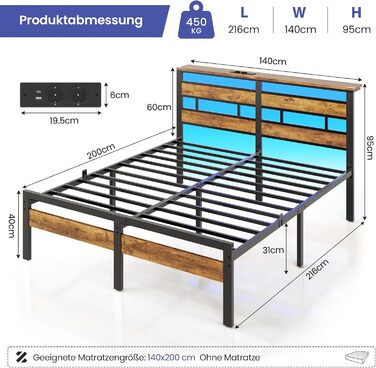 Ліжко 140x200 з металевою рейковою основою, двоспальний каркас ліжка 140x200 см зі світлодіодним освітленням та зарядною станцією (2 розетки змінного струму, 1 порт USB та 1 порт Type-C), металеве ліжко з узголів&39ям, чорно-коричневе, 140x200 см