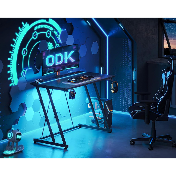 Ігровий стіл ODK 80 x 50 см зі світлодіодним підсвічуванням, ігровий стіл з підставкою для чашок та гачком для навушників, дизайн з подвійною Z-подібною рамою, невеликий комп&39ютерний стіл, чорний колір з вуглецевого волокна, 80 см, чорний колір з вуглец