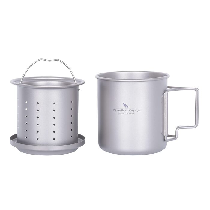 Титанова кружка Boundless Voyage 420 мл з чайним інфузером та кришкою, чашка для кемпінгу на відкритому повітрі з фільтром, легка одношарова кавова кружка зі складною ручкою, портативна, для походів, подорожей, пікніка, посуд для напоїв Ti3054D