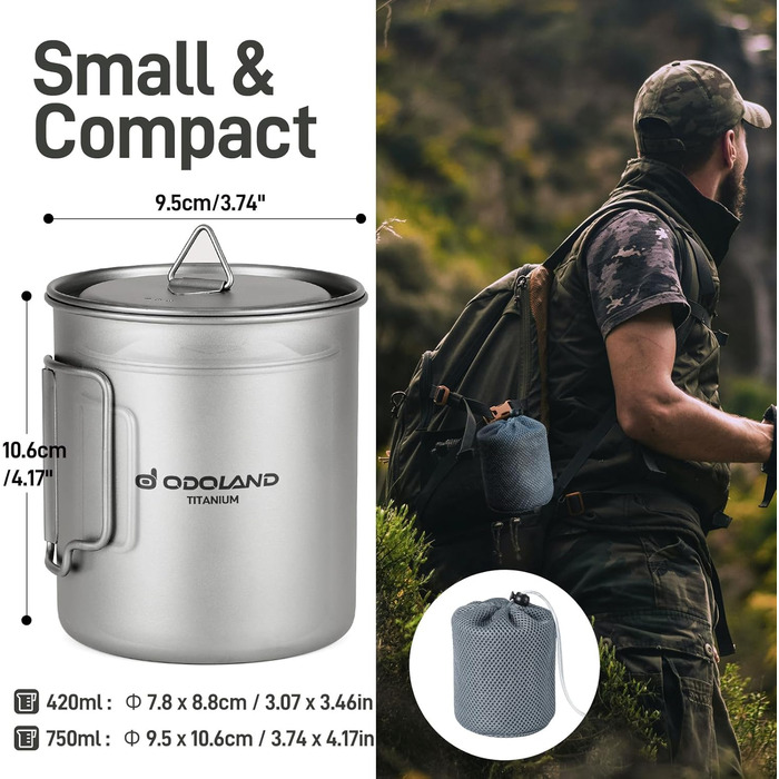 Титановий кемпінговий посуд Odoland, кемпінгова плита 750 мл та 420 мл титанові чашки, кемпінгова титанова кавова чашка з кришкою та спаркою, складна ручка для кемпінгу, походів, подорожей