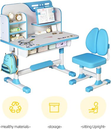 Ергономічний стіл та стілець для дітей, регульований по висоті робочий стіл з книжковою полицею, шухлядою та поперековою опорою, стіл та стілець для спальні, синій
