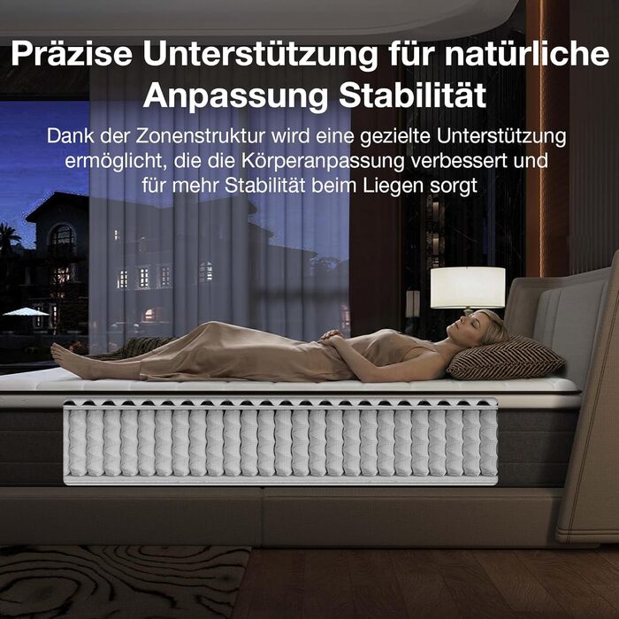 Матрац Novilla 140x200, H3 7-зонний пружинний матрац з кишеньковою структурою для цілеспрямованої підтримки, хвилеподібний шар комфортної піни для покращеної повітропроникності, сертифікований Oeko-Tex, висота 25 см x 25 см, 140 x 200 см