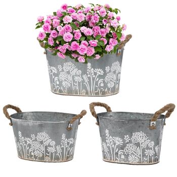 Набір вінтажних вуличних квіткових горщиків, 3 предмети, оцинковані металеві горщики для рослин з мотузковими ручками, відра для квітів/горщики для трав для кухні, балкону та саду, 19/22,5/26 см
