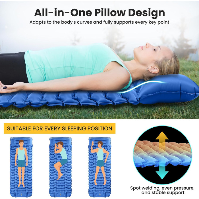 Килимок для сну для кемпінгу, надлегкий надувний кемпінговий матрац з ножним насосом та подушкою, складний водонепроникний надувний матрац, килимок для сну з антиріпстопним покриттям для походів, пляжний, для використання на свіжому повітрі, темно-синій