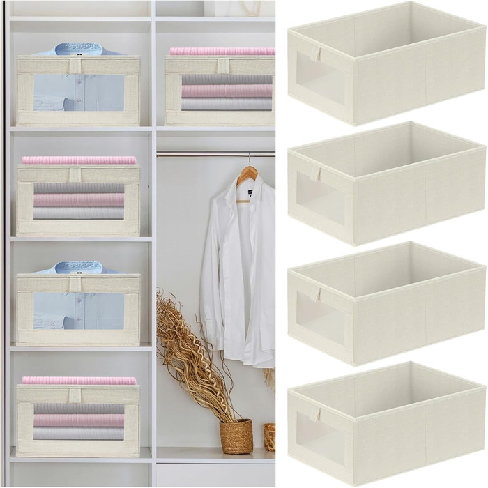 Набір із 4 органайзерів для гардеробу, коробки-органайзери для шафи з прозорими шухлядами, складні коробки для зберігання, 42 x 27,5 x 17 см, для штанів, сорочок, одягу, бежевий стиль 1 4L