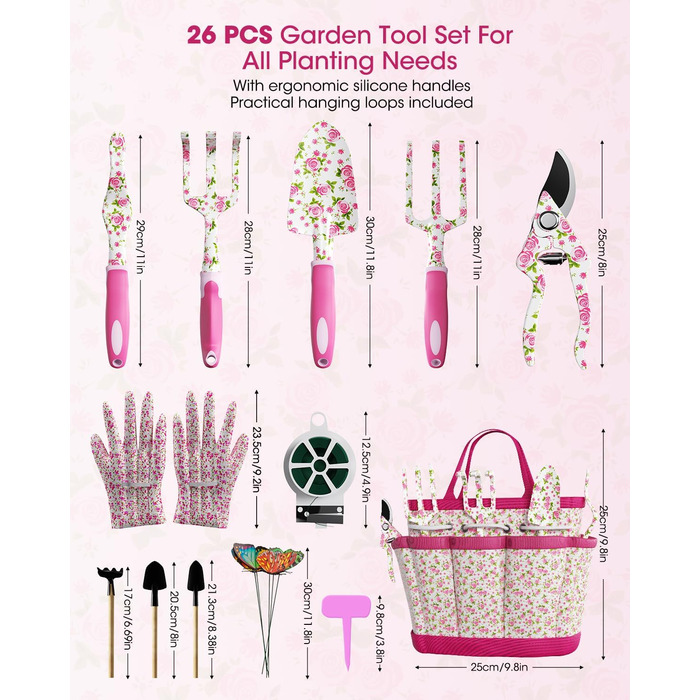 Набір садового інструменту для жінок, 26 предметів, у квітковому стилі ідеальний подарунок для садівництва В комплекті рукавички, сумка для зберігання, садові аксесуари, декоративні метелики та яскраві бирки для рослин.