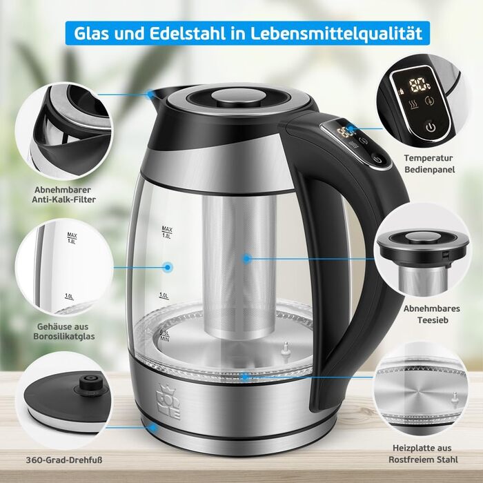 Скляний чайник 1.8 Налаштування температури Вибір температури 40C-100C Зміна кольору LED I BPA FREE I Регулювання температури Чайн