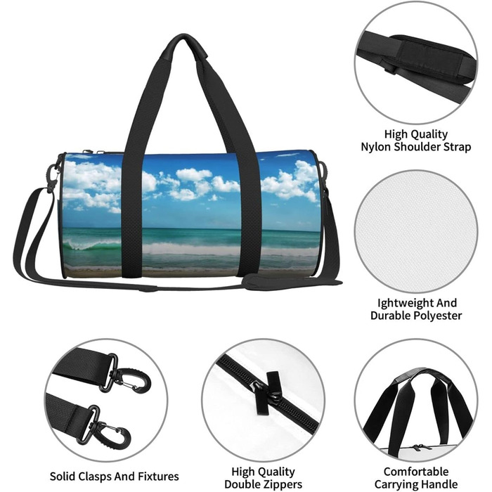 Спортивна сумка, дорожня сумка, пляжна сумка, білий принт Хмарки, сумка для подорожей на ніч, чорна, універсальний розмір, сумка для подорожей