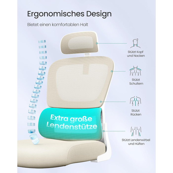 Офісне крісло SONGMICS, стілець для столу, ергономічне сітчасте крісло, з двошаровою сітчастою тканиною, повітропроникне, адаптивна поперекова підтримка, регульований підголівник, для домашнього офісу, пісочно-бежевий OBN041L01 Пісочно-бежевий подвійна сп