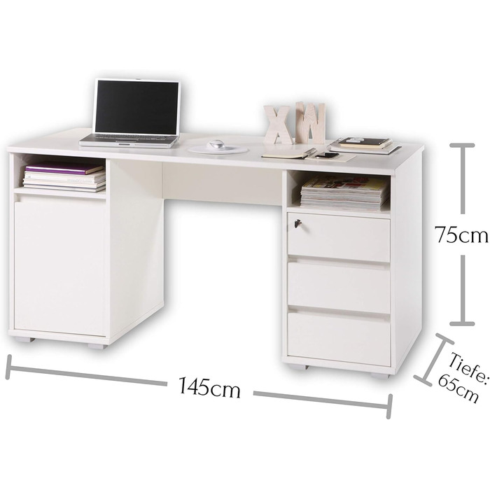 Письмовий стіл PRIMUS з 2 шухлядами, білий - Офісний стіл, комп&39ютерний стіл для домашнього офісу з місцем для зберігання та відкритими полицями - 145 x 74 x 65 см (Ш/В/Г) 145 см білий