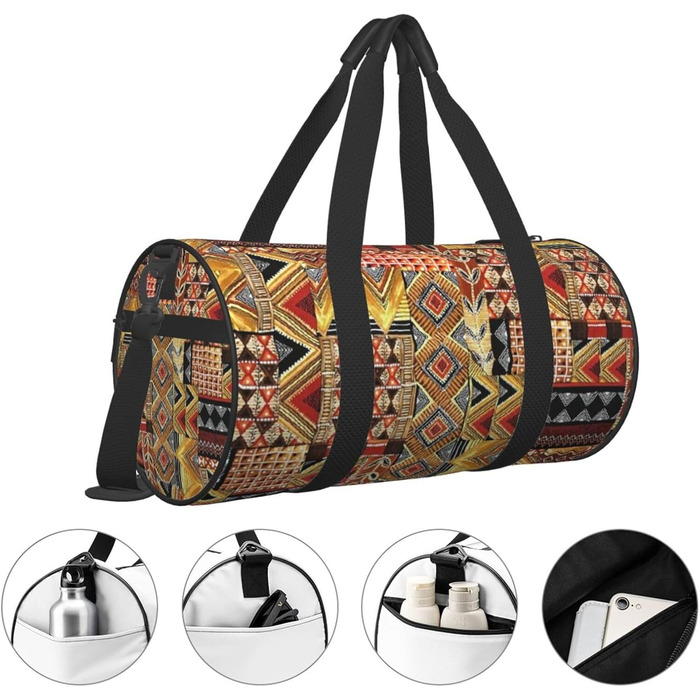 Спортивна сумка, дорожня сумка, з африканським текстилем, візерунок печворк, сумка для подорожей на вихідні, чорна, універсальний розмір, сумка для подорожей