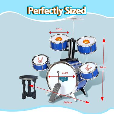 Барабанний набір іграшка 5 барабанів з табуретом перкусія музична іграшка подарунок для дітей джазові барабани музична іграшка від 3-8 років сині барабани барабанний набір