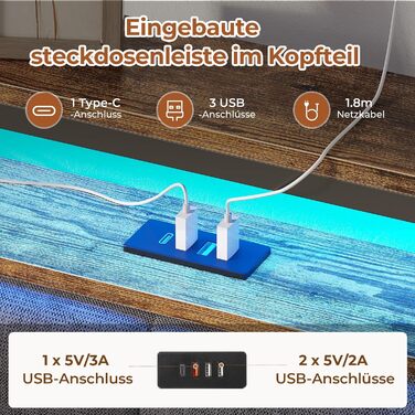 М&39яке ліжко AOGLLATI 140x200 з металевою рейковою основою, каркас ліжка зі світлодіодним освітленням та розетками, ліжко з місцем для зберігання, металеве ліжко з узголів&39ям, двоспальне ліжко, каркас ліжка з USB-портами, 140x200 см