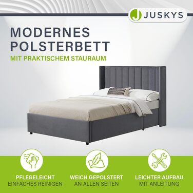 Ліжко Juskys Savona з м&39якою поверхнею 120x200 см, ліжко з місцем для зберігання, рейкова основа, оксамитовий чохол, дерев&39яний каркас ліжка, до 250 кг, велике узголів&39я, темно-сірий колір 120 x 200 см