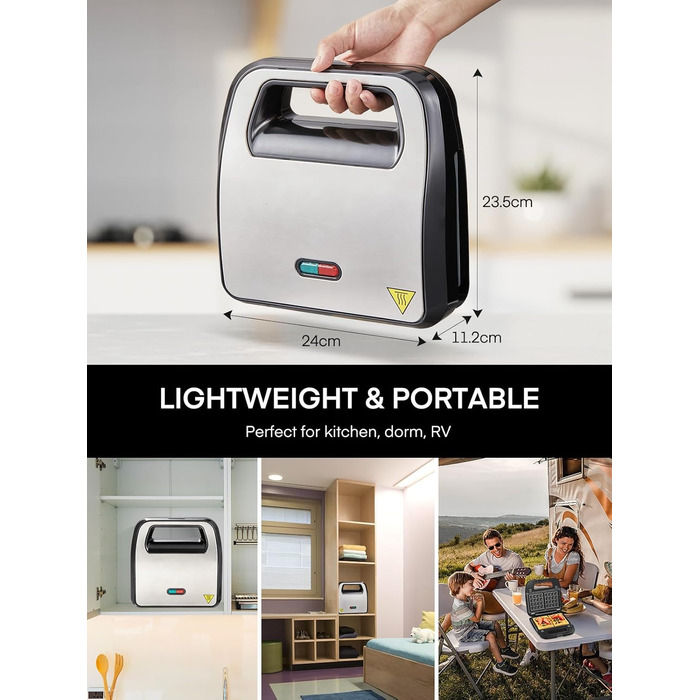 Бутербродниця FOHERE 6 в 1, вафельниця, контактний гриль, паніні, солодкі тістечка, антипригарне покриття для легкого очищення, двостороннє випікання при постійній температурі, без бісфенолу А, 750 Вт