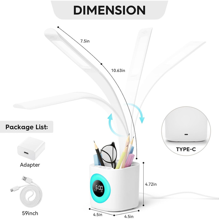 Дитяча настільна лампа Hokone Світлодіодна настільна лампа з USB-портом для зарядки, 4 налаштуваннями колірної температури та 5 рівнями затемнення включає годинник, будильник, кольоровий нічник, тримач для ручки білий 10 Вт